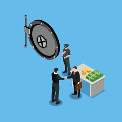 Business deal in a safe room with vault and money isometric 3d vector illustration concept banner, website, landing page, ads, flyer template