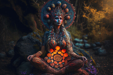 Female shaman connecting to the divine spirit - obrazy, fototapety, plakaty