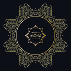 Golden frame template with label and Vintage sign. Decorative line art border, geometric round ornament, linear circular motif. Isolated design element, gold on black background. Elegant fashion lace