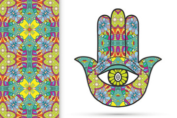 Boho hamsa hand, protection amulet, symbol of strength and happiness with seamless geometric pattern. Abstract graphic background, vertical floral doodle pattern, vector illustration