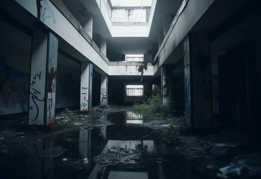Interior Of Abandoned Building, a run down building with graffiti all over the walls. abandoned factory with light flooding though broken windows of rusting industrial machinery. Generated AI