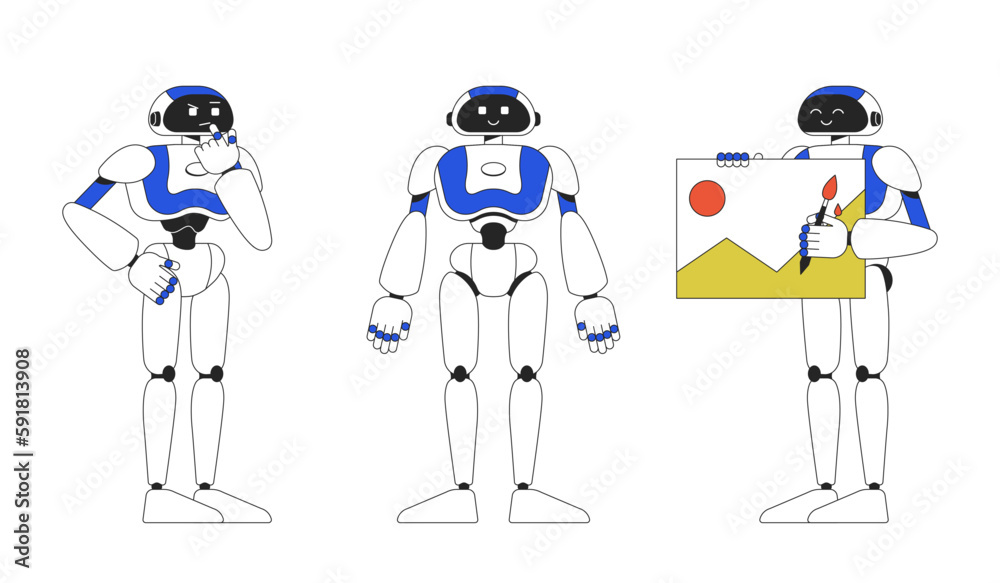 Poster humanoid robots ai performing tasks linear flat color vector characters set. editable full body mach