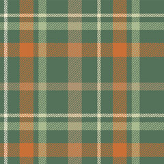 Checkered textile seamless pattern in green and orange. Vector tartan plaid graphic background.