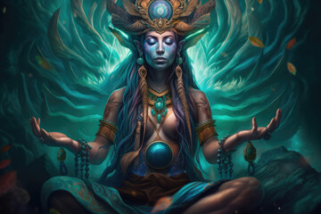 Woman sitting in lotus pose and awakening kundalini AI generative art