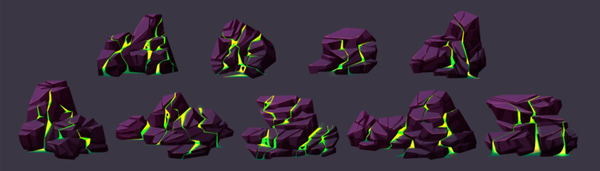 Rock boulder crack with toxic light texture vector illustration. Isolated cartoon broken stone set icon for decoration in game. Heavy cracked geology material with mysterious neon glowing substance.