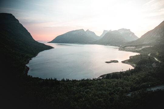 Breathtaking view of the Island of Senya in sunset surrounded by forests and mountains