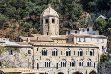 Fototapeta premium Close-up of the ancient San Fruttuoso Abbey (San Fruttuoso di Capodimonte), X-XI century, place of worship between Portofino and Camogli, Genoa province (Genova), Liguria, Italy, Europe.