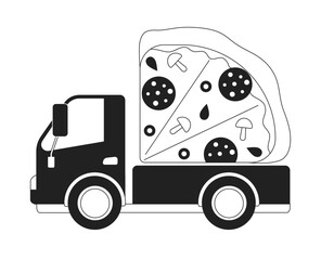 Delivery vehicle with pizza monochrome concept vector spot illustration. Editable 2D flat bw cartoon object for web UI design. Fast food service creative linear hero image for landings, mobile headers