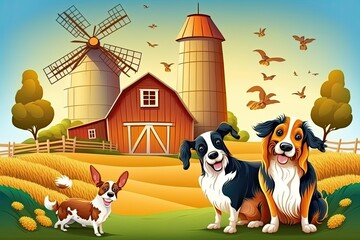 three dogs in front of a rustic windmill on a farm. Generative AI