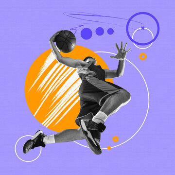 Goal. Portrait Of Male Professional Basketball Player Jumping And Throwing Ball Into The Basket Over White Background. Bottom View. Concept Of Sport, Health, Active Lifestyle, Competitions, Ad