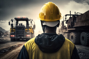 an engineer in a helmet, with his back turned, supervises the construction. in the background construction machinery, excavators, trucks, ai generatiove