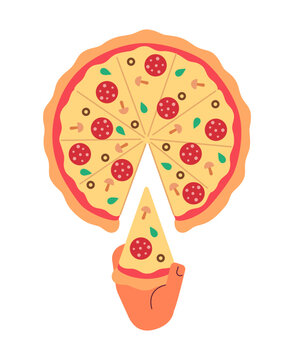 Taking Slice Of Pizza Semi Flat Colour Vector First View Hand. Eating Handmade Cheese Pepperoni. Editable Cartoon Style Icon On White. Simple Spot Illustration For Web Graphic Design And Animation