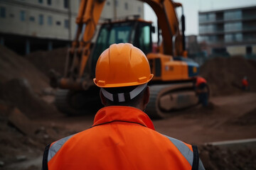 an engineer in a helmet, with his back turned, supervises the construction. in the background construction machinery, excavators, trucks, ai generatiove