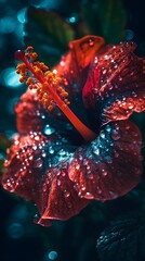 hibiscus flower with water drop, hibiscus flower on neon light. Ai generative