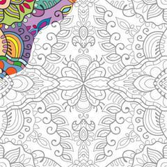 Fototapeta na wymiar Decorative doodle pattern for coloring book. Hand drawn fantasy line art, floral geometric ornament for painting, coloring page. Tribal ethnic decoration. Black and white with sample of colors