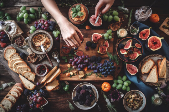 Table with vegetarian food and fresh fruit, top view. Generative AI.