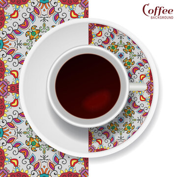 Cup of coffee with colorful ornament on a saucer and vertical seamless floral geometric pattern. Business coffee break concept, interior design background. Isolated coffee cup and plate decor element