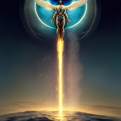 An Angel Ascending To The Heavens Above The Atmosphere Of Earth Illustration - Generative A.I. Art