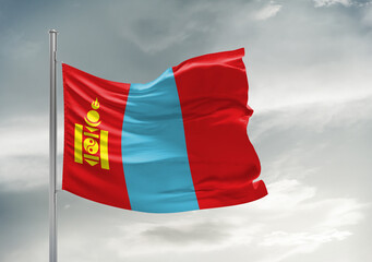 Mongolia national flag cloth fabric waving on beautiful sky Background.