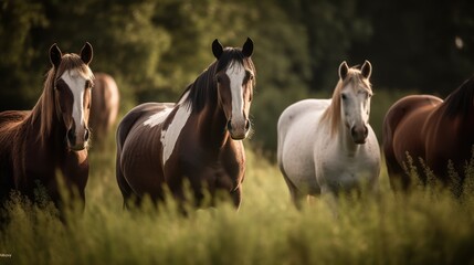 Obraz premium Group of horses grazing in a green meadow. Generative AI