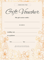 Gift voucher with golden flowers. Vector template of a gift certificate, greeting for celebration, anniversary, birthday, certificate for a restaurant, spa