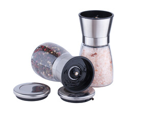 Glass pepper mill and salt shaker with stainless steel lids.