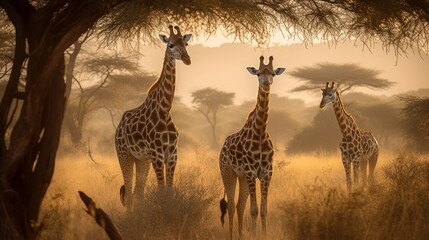 Pair of giraffes standing in the savannah. Generative AI - obrazy, fototapety, plakaty
