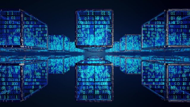 Concept of computing technology. Camera movement along data blocks. Blockchain background. Big data background. Seamless background.