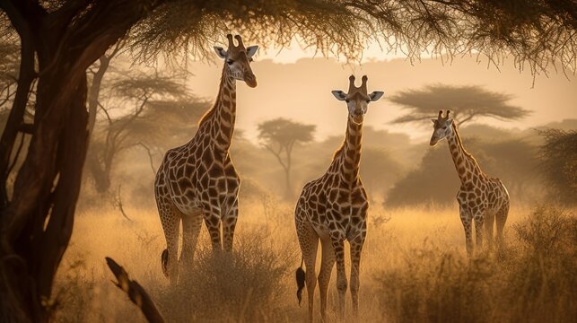 Pair of giraffes standing in the savannah. Generative AI