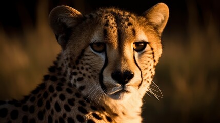 Close-up of a cheetah's face in the grassland. Generative AI