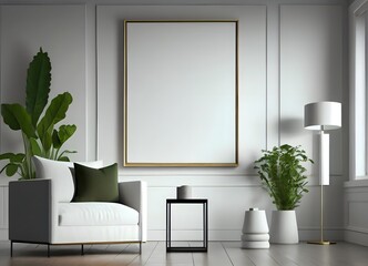 Modern living room with counter, with empty canvas or wall decor with frame in center for product presentation background or wall decor promotion, mock up. Ai generative
