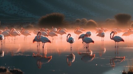 Group of flamingos wading in a shallow lake. Generative AI