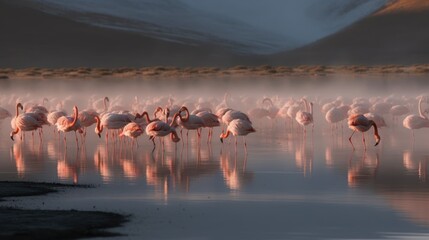 Fototapeta premium Group of flamingos wading in a shallow lake. Generative AI