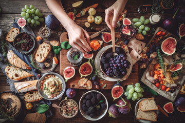 Table with vegetarian food and fresh fruit, top view. Generative AI.