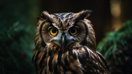 Close-up of an owl's face in the forest. Generative AI