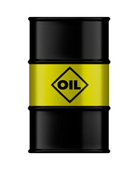 Black metal barrel with yellow oil symbol illustration, isolated on transparent background. 3d render.