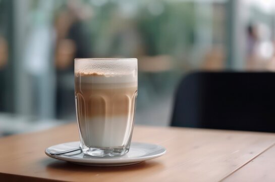 Glass of coffee with milk is on a table in front of abstract blurred background of cafe. Generative AI.
