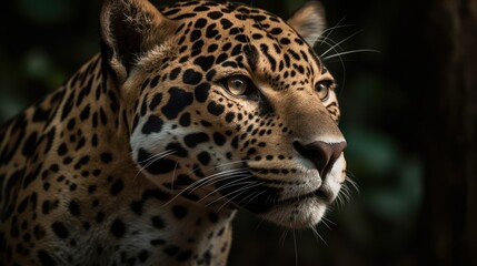 Close-up of a jaguar's face in the forest. Generative AI