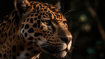 Close-up of a jaguar's face in the forest. Generative AI