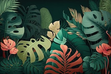 tropical leaves on a dark background. Generative AI