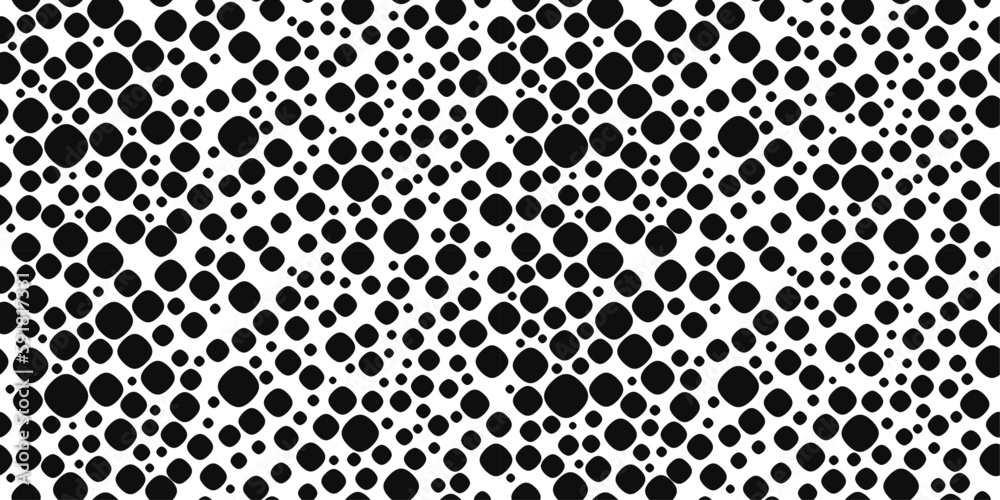 Poster Black dots. A vector pattern of black, rounded shapes of different sizes scattered across the canvas. Seamless vector pattern.