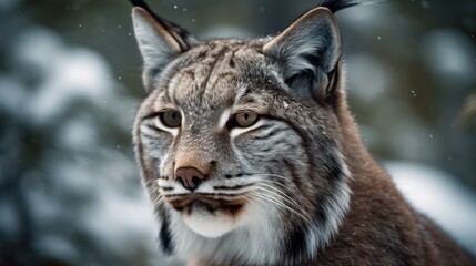 Obraz premium Close-up of a lynx's face in the snowy forest. Generative AI