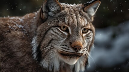 Obraz premium Close-up of a lynx's face in the snowy forest. Generative AI
