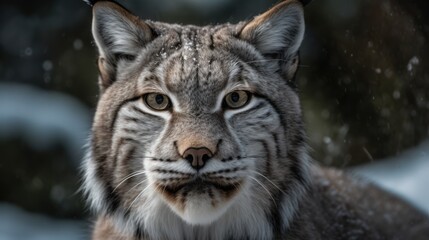Close-up of a lynx's face in the snowy forest. Generative AI