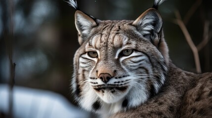 Obraz premium Close-up of a lynx's face in the snowy forest. Generative AI