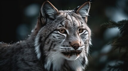 Close-up of a lynx's face in the snowy forest. Generative AI