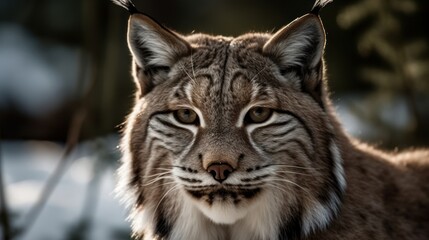 Close-up of a lynx's face in the snowy forest. Generative AI