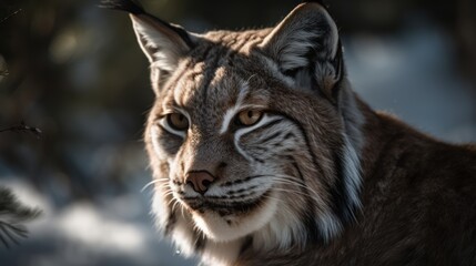 Obraz premium Close-up of a lynx's face in the snowy forest. Generative AI
