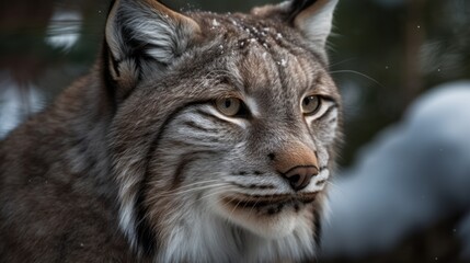 Obraz premium Close-up of a lynx's face in the snowy forest. Generative AI