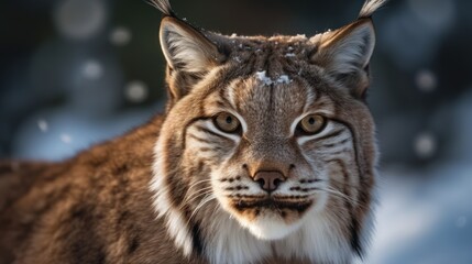 Close-up of a lynx's face in the snowy forest. Generative AI